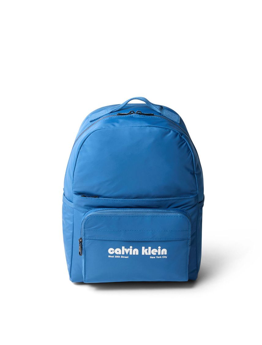 Morral azul multifuncional con logo gráfico